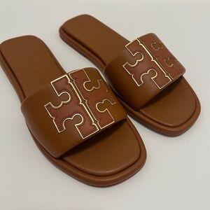 NIB Tory Burch Double T Sport Slide in Nappa Leather - Aged Camello/Gold, Size 8